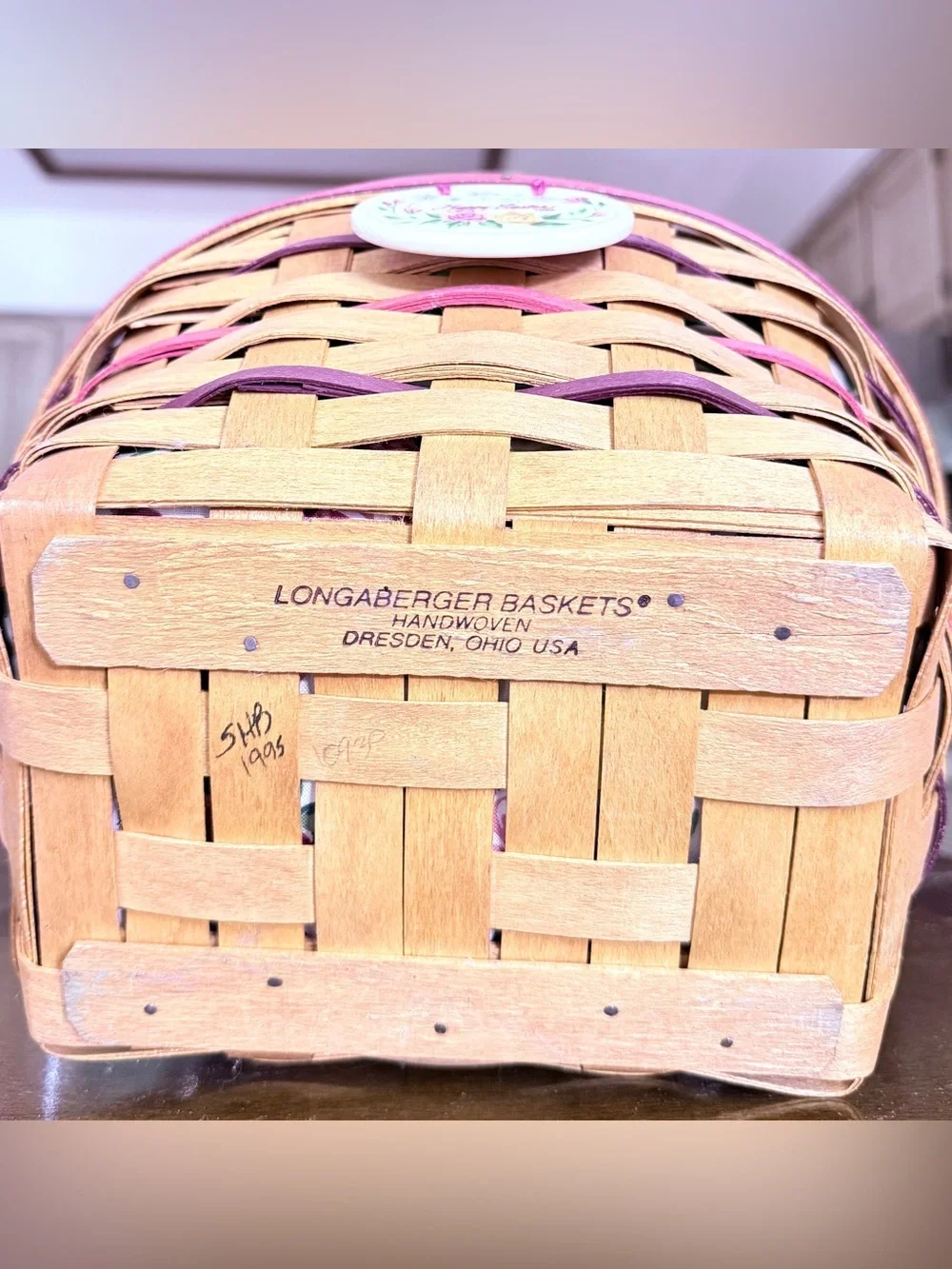 Vintage 1995 Longaberger Easter Basket with Floral Liner and Ceramic Charm